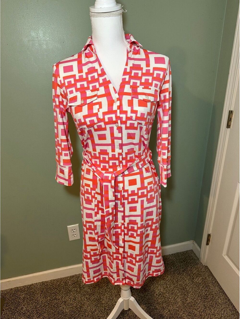 J.McLaughlin Dress Womens XS Red Pink Print Shirtdress Belted Catalina Cloth